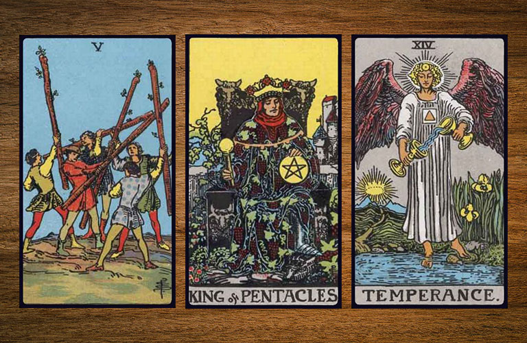 Step 1 Tarot Reading: 5 of Wands, King of Pentacles, Temperance